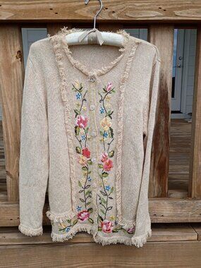 Haband Crewel Embroidered Floral Cardigan Sweater L Vintage Fringe Boho Cottage